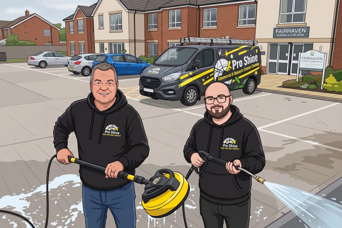 ProShine operatives jet washing a care home car park, with the branded van parked behind them