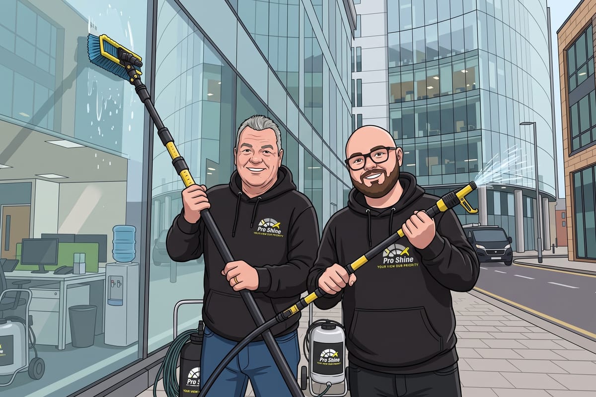 Two ProShine operatives cleaning the glass of a city-centre office building with a water-fed pole